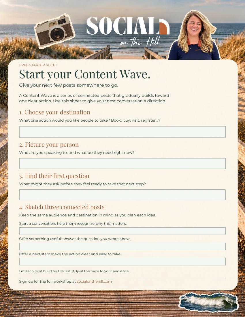 Preview of the one-page Content Wave Starter Sheet, with a coastal background, Emily’s portrait, and fillable content-planning fields